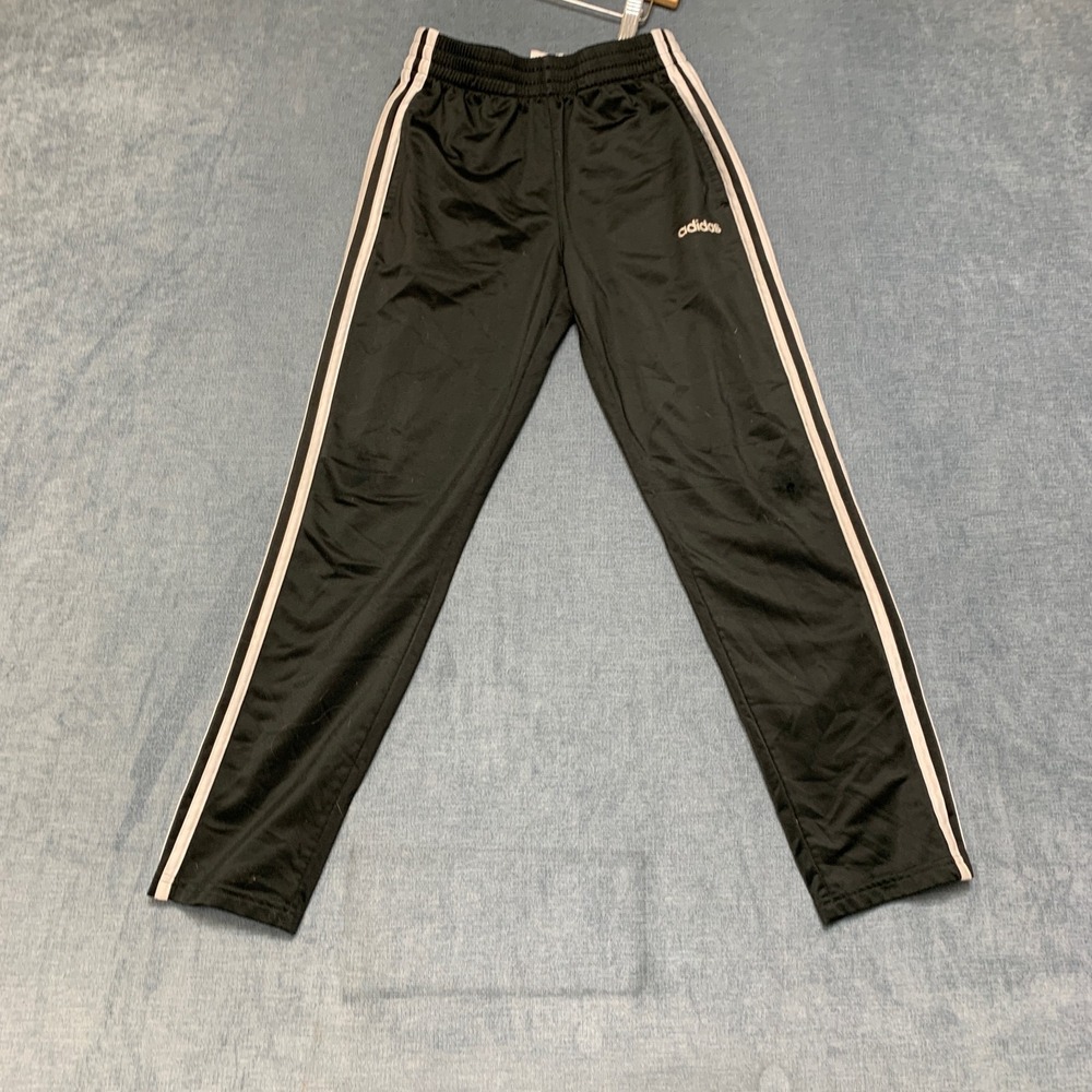 Adidas Track Pants Boys 10/12 Black 3 Stripes Straight Leg Elastic Waist Running